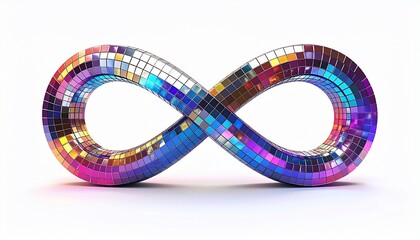 Infinity symbol crafted from reflective mosaic tiles on a pristine white background