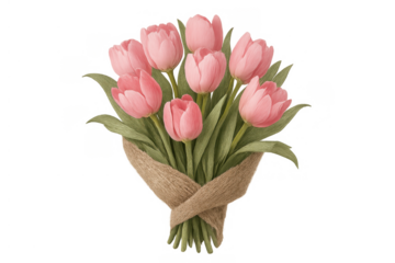 Pink tulip bouquet celebrating spring romance, watercolor illustration featuring natural burlap wrap, transparent background