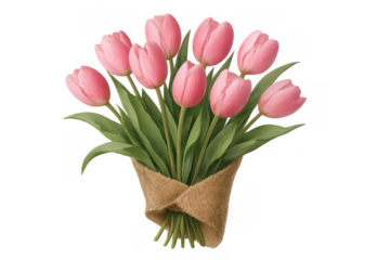 Pink tulip bouquet wrapped in burlap, celebrating mother's day, spring, and floral gifting on transparent background