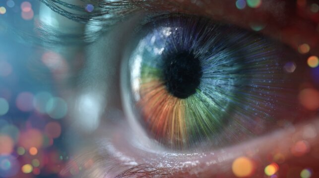Chromatic echoes in the iris of human perception. Smart analytics. Dynamic rainbow lines crafting an intricate human eye animation. Tech visualization. Data visualization.