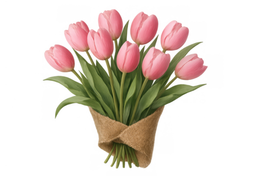 Pink tulip bouquet wrapped in burlap, celebrating mother's day, spring, and floral gifting on transparent background