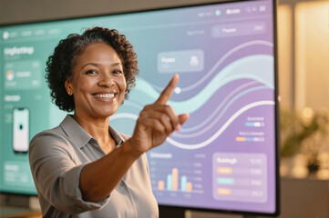 A smiling businesswoman pointing at a large digital screen displaying data analytics in an office setting.