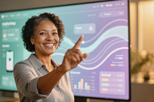 A smiling businesswoman pointing at a large digital screen displaying data analytics in an office setting.