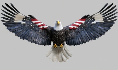 Bold eagle spreads wings adorned with red stripes and white stars on gray background