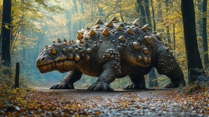 Ancient Ankylosaurus Roams Autumn Forest Path
