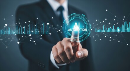 A man in a suit pointing at ai automation interface with digital charts and network connections