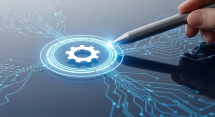 Stylus pointing at a glowing gear icon on a circuit board interface with a finger visible on the right