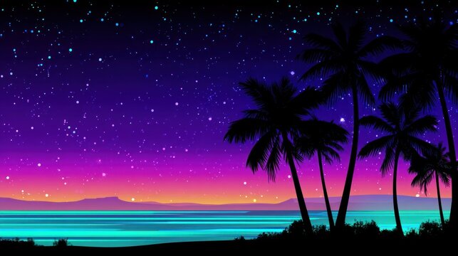 Palm Tree Night Sky Ocean Illustration