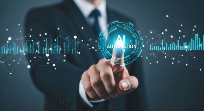 A man in a suit pointing at ai automation interface with digital charts and network connections