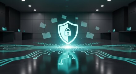 Cybersecurity shield with padlock over circuit board and floating folders in a dark room setting