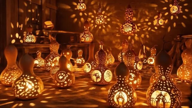 Warm lit gourd lamps some carved with scenes fill a room Some hang from the ceiling others rest on the floor