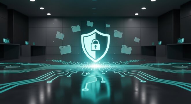 Cybersecurity shield with padlock over circuit board and floating folders in a dark room setting - Powered by Adobe