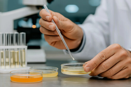 Scientist works with petri dishes and pipette in modern lab setting focused on microbiology research