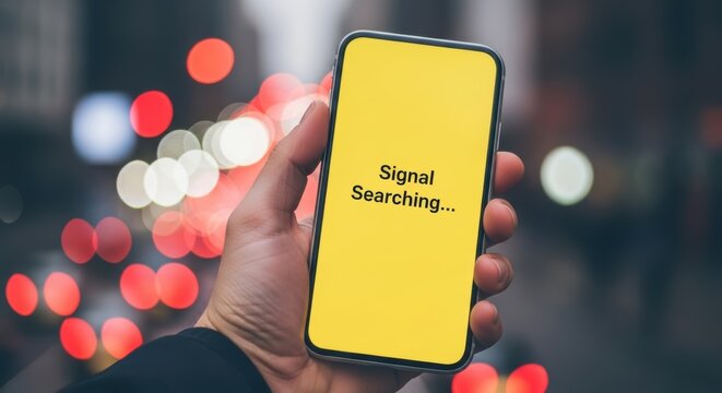 Person holding smartphone with signal searching message on yellow screen in blurred city background