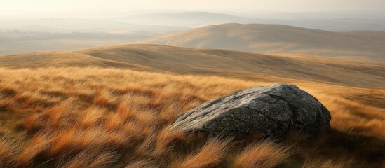 Serene Golden Grasslands with Large Boulder at Sunrise