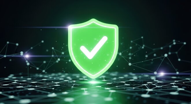 A green shield with a white checkmark on a digital network background glowing with light effects