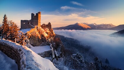 sunrise in the mountains near the ruin of a castle