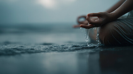 A person is sitting in the water with their hands in the water