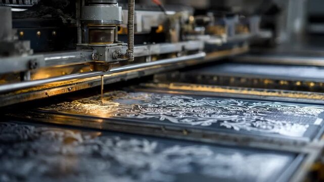 Medium shot of machinery engraving detailed patterns on printing plates highlighting the clarity and sharpness of the finished product.
