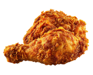 Crispy, golden fried chicken leg and thigh, isolated on black