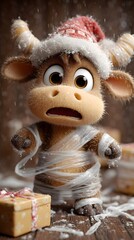 Obraz premium A cute 3D cartoon reindeer in a Santa hat tangled in transparent gift tape after trying to wrap a present, with a funny surprised expression and warm cozy cabin lighting, for holiday humor design