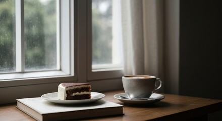 Fototapeta premium Slice of cake, coffee, & book by a window, cozy atmosphere
