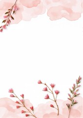 Obraz premium Soft watercolor floral frame with pastel pink flowers and leaves on white background, elegant decorative border for invitations and greeting cards