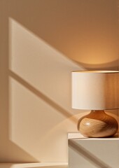 Warm minimalist still life with wooden table lamp and soft geometric shadows on beige wall, cozy interior lighting scene with natural textures