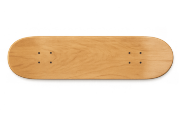 Skateboard deck for custom design template. Blank wooden longboard top view with holes on transparent background