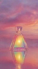 Obraz premium a stunning sunset scene featuring a perfume bottle floating in the water.
