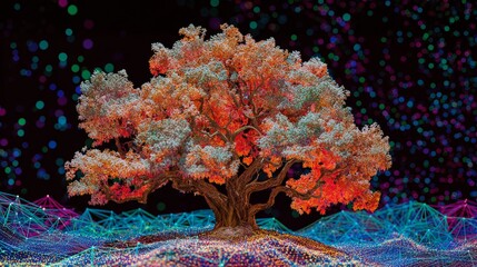 Mountain tree: a silent witness to autumn's farewell and winter's arrival. Digital intelligence. Serene mountain vista: a lone tree stands amid fall colors and first snow. Digital web.