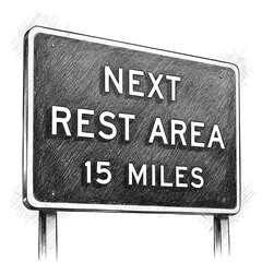 Stylized roadside sign announcing the next rest area within fifteen miles