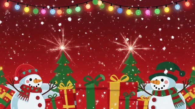 Festive Christmas scene with snowmen, presents, trees, and string lights on a red background.