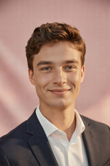 A young man with brown hair and a warm smile, wearing a dark suit jacket over a white collared shirt, photographed against a soft pink background.