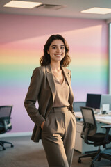 A confident businesswoman in a beige suit standing in an office with a colorful rainbow gradient wall, smiling at the camera.