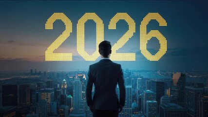 Visionary businessman looking forward to 2026 in city skyline at dusk, planning strategic future - Powered by Adobe