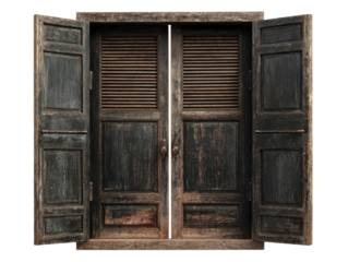 Aged weathered wood window with louvers, shutters open