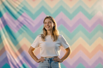 A smiling young woman with blonde hair stands confidently in front of a colorful chevron-patterned backdrop, wearing a white t-shirt and jeans.