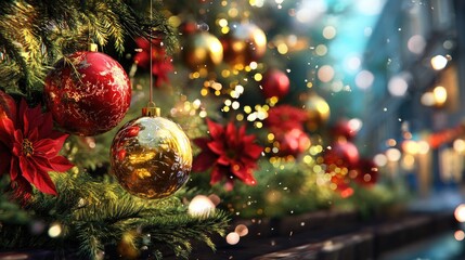 Festive Christmas Decorations with Ornaments and Snowflakes on a Beautifully Lit Tree