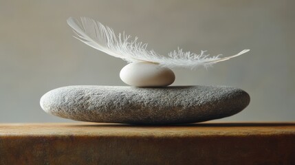 Delicate Feather Balanced on Smooth Stone