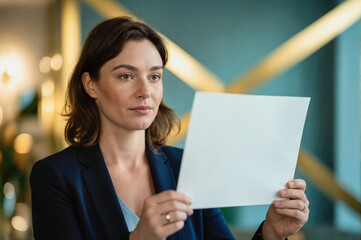 A professional woman in a dark blazer holding a blank white document, standing in an office with modern geometric lighting and teal walls.