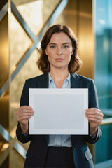 A professional woman in a business suit holding a blank white document in front of her, standing in a modern office with geometric gold and glass background.