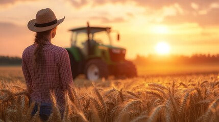 Farmer in Wheat Field at Sunset with Tractor