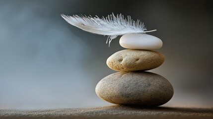 Balanced Stones and Feather: Serenity and Nature's Harmony