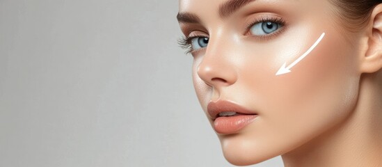 Close-up of Woman's Face with Arrow Indicating Skin Treatment Area