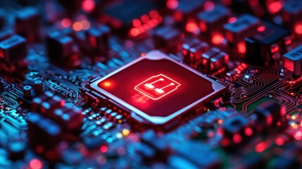 Close-up of Glowing Red Circuit Board with Microchip