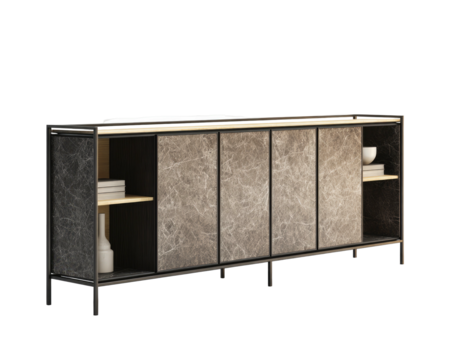 Low cabinet with stone-look doors & open shelves against black background