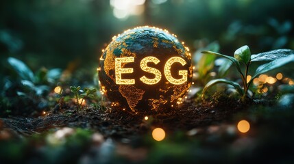 Glowing Earth with ESG Text in Lush Forest