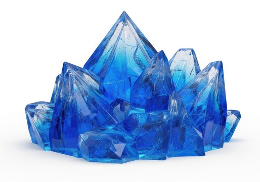 Cluster of sharp, faceted blue mineral formations sits isolated on a white surface