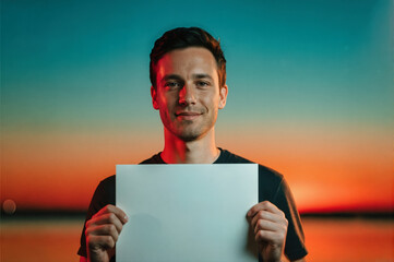 A man holding a blank white sign against a vibrant sunset backdrop with blue and orange hues, captured in a studio-style portrait.